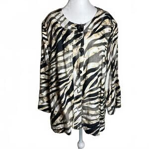 100% Linen zebra burnout pattern big buttons coastal maximalist boho sz 20w 2xl